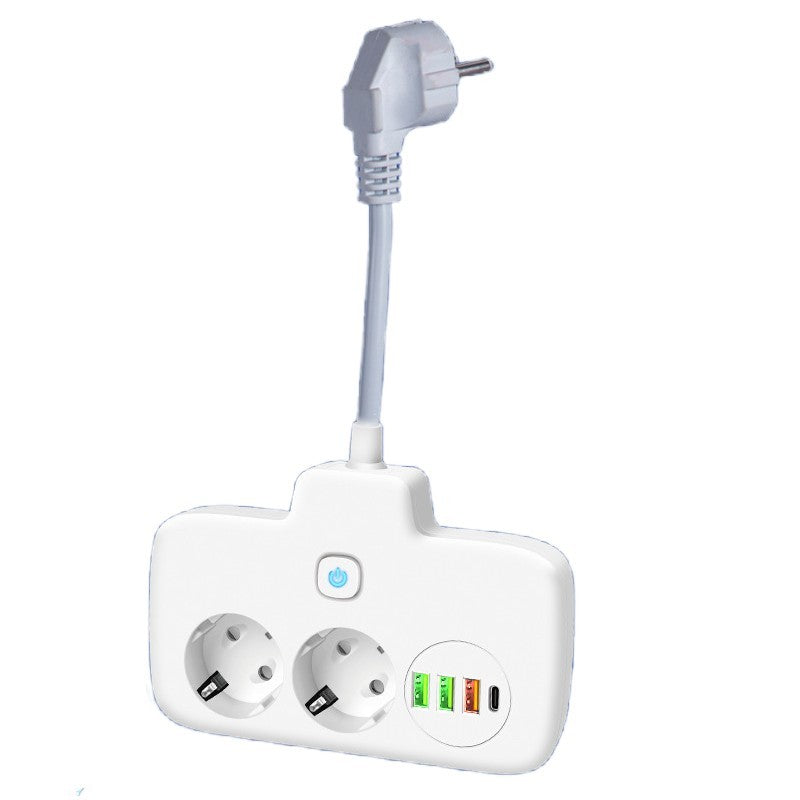 Adaptor Priza 6 in 1, Multiplu cu 2 Prize Standard, 3 Porturi USB si 1 Port Tip C, Comutator ON/OFF, Protectie Suprasarcina, Material PC Ignifug, 2500W, 10A, Alb