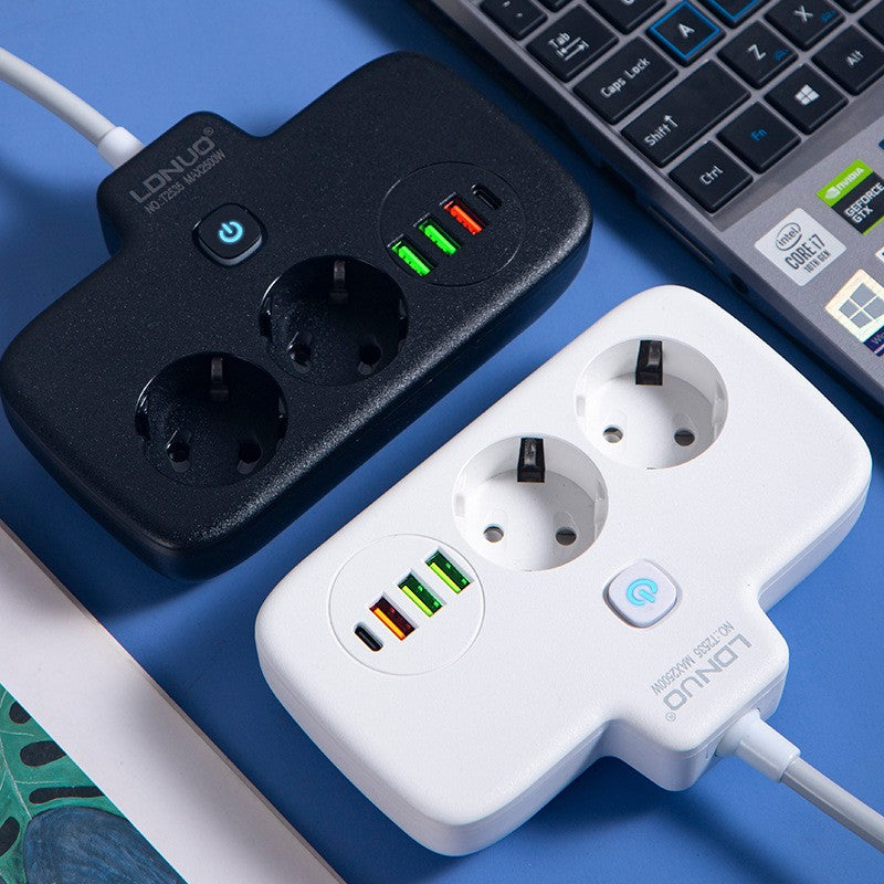 Adaptor Priza 6 in 1, Multiplu cu 2 Prize Standard, 3 Porturi USB si 1 Port Tip C, Comutator ON/OFF, Protectie Suprasarcina, Material PC Ignifug, 2500W, 10A, Alb