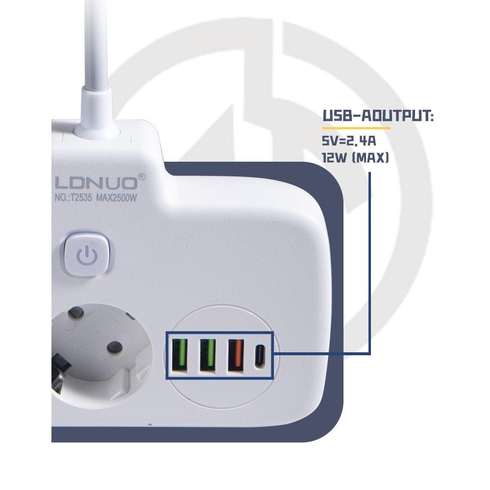 Adaptor Priza 6 in 1, Multiplu cu 2 Prize Standard, 3 Porturi USB si 1 Port Tip C, Comutator ON/OFF, Protectie Suprasarcina, Material PC Ignifug, 2500W, 10A, Alb