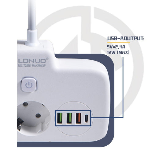 Adaptor Priza 6 in 1, Multiplu cu 2 Prize Standard, 3 Porturi USB si 1 Port Tip C, Comutator ON/OFF, Protectie Suprasarcina, Material PC Ignifug, 2500W, 10A, Alb