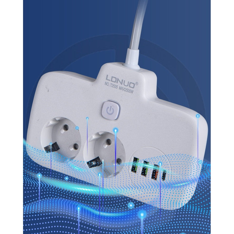 Adaptor Priza 6 in 1, Multiplu cu 2 Prize Standard, 3 Porturi USB si 1 Port Tip C, Comutator ON/OFF, Protectie Suprasarcina, Material PC Ignifug, 2500W, 10A, Alb