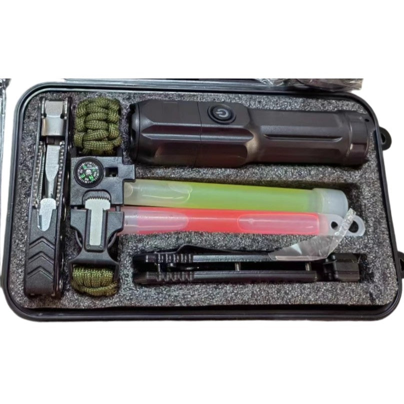 Kit Supravietuire Multifunctional, Set Instrumente Profesionale si Trusa de Prim-Ajutor, pentru Camping si Drumetii, Cutie Protectie Tip Valiza, 130x210 cm, Negru