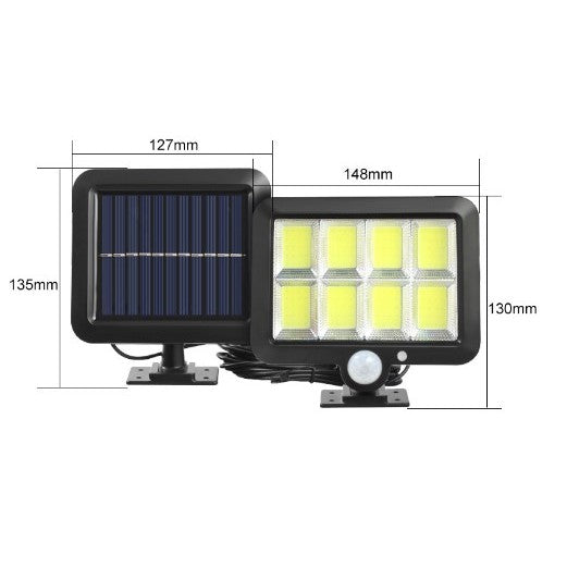Lampa Solara LED 160 COB cu Senzor de Miscare si Lumina, Panou Solar Separat, 3 Moduri Iluminare, Acumulator 2400 mAh, 1800 Lumeni, Cablu 4.6 m, Protectie Intemperii, Lumina Alba Rece 6000K
