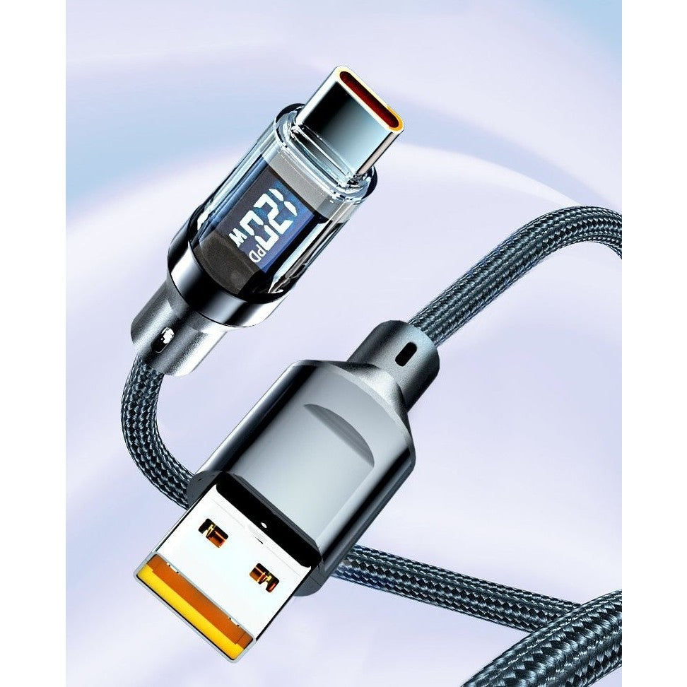 Cablu de Date USB la USB-C, Incarcare Rapida 120W 6A, Afisaj Digital LED, Oprire Automata Inteligenta, Nailon Impletit, 1 m, Negru