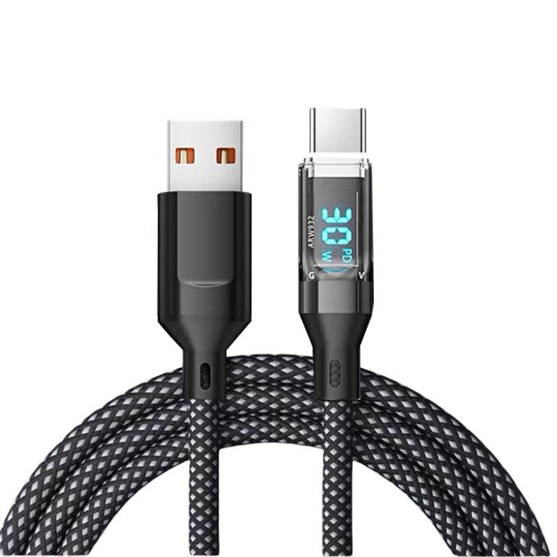 Cablu de Date USB la USB-C, Incarcare Rapida 120W 6A, Afisaj Digital LED, Oprire Automata Inteligenta, Nailon Impletit, 1 m, Negru