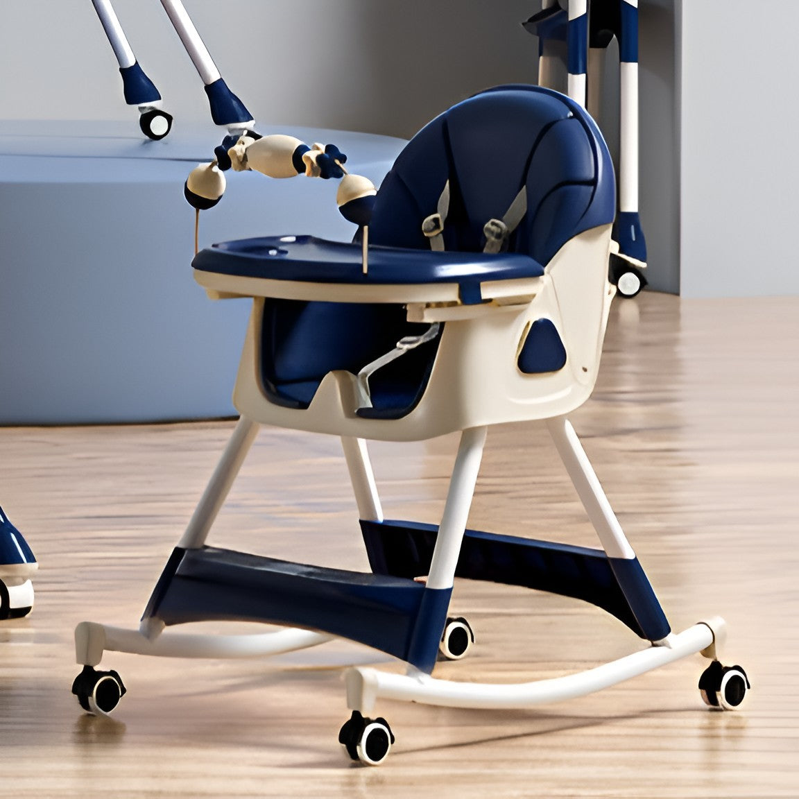 Scaun de Masa Multifunctional 3 in 1 pentru Copii, Functie Balansoar si Roti cu Blocare, Spatar Reglabil, 2 Tavite Detasabile, Cos Depozitare, Centura 5 Puncte, Otel si Plastic, Albastru