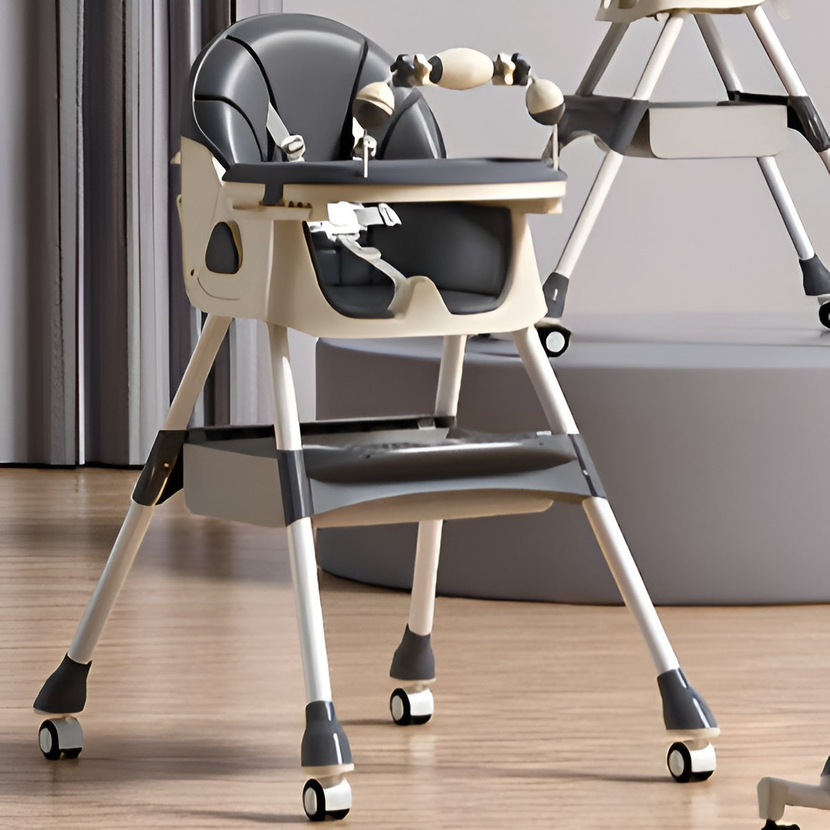 Scaun de Masa pentru Bebelusi si Copii 3 in 1, Multifunctional cu Functie Balansoar si Roti, Spatar Reglabil, 2 Tavite Detasabile, Centura Siguranta 5 Puncte, Cos Depozitare, Gri
