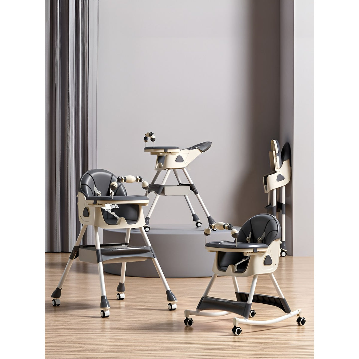 Scaun de Masa pentru Bebelusi si Copii 3 in 1, Multifunctional cu Functie Balansoar si Roti, Spatar Reglabil, 2 Tavite Detasabile, Centura Siguranta 5 Puncte, Cos Depozitare, Gri