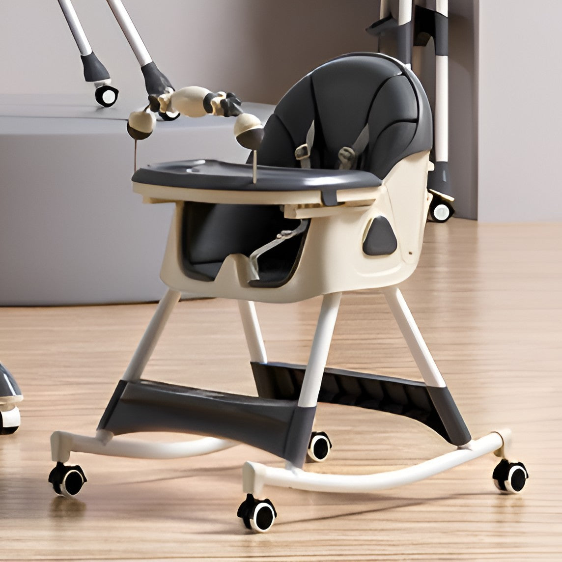 Scaun de Masa pentru Bebelusi si Copii 3 in 1, Multifunctional cu Functie Balansoar si Roti, Spatar Reglabil, 2 Tavite Detasabile, Centura Siguranta 5 Puncte, Cos Depozitare, Gri