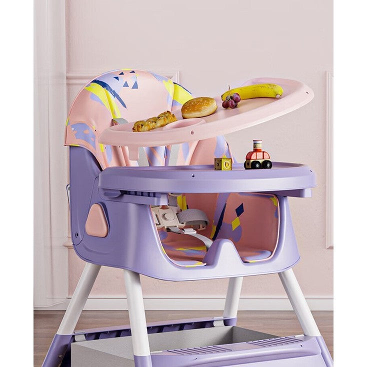 Scaun de Masa Multifunctional 3 in 1 pentru Copii, Functie Balansoar si Roti, Spatar Reglabil, Pliabil, Centura 5 Puncte, Tavita Dubla si Cos Depozitare, 6 Luni+, Mov
