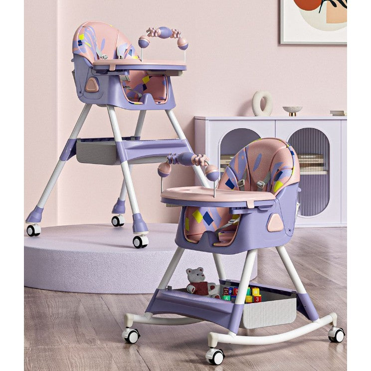 Scaun de Masa Multifunctional 3 in 1 pentru Copii, Functie Balansoar si Roti, Spatar Reglabil, Pliabil, Centura 5 Puncte, Tavita Dubla si Cos Depozitare, 6 Luni+, Mov