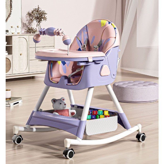 Scaun de Masa Multifunctional 3 in 1 pentru Copii, Functie Balansoar si Roti, Spatar Reglabil, Pliabil, Centura 5 Puncte, Tavita Dubla si Cos Depozitare, 6 Luni+, Mov