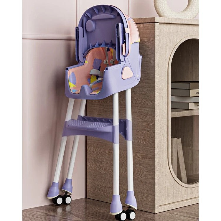 Scaun de Masa Multifunctional 3 in 1 pentru Copii, Functie Balansoar si Roti, Spatar Reglabil, Pliabil, Centura 5 Puncte, Tavita Dubla si Cos Depozitare, 6 Luni+, Mov