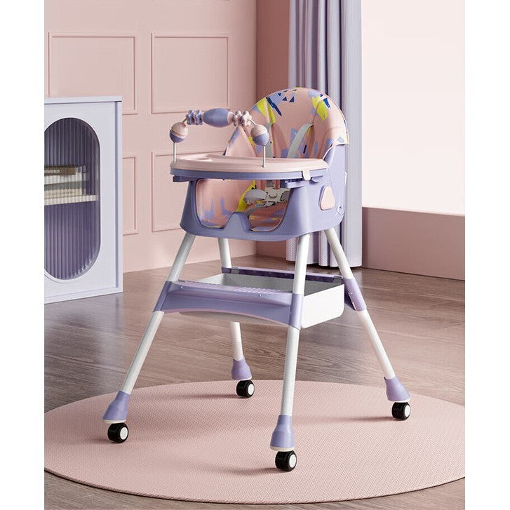 Scaun de Masa Multifunctional 3 in 1 pentru Copii, Functie Balansoar si Roti, Spatar Reglabil, Pliabil, Centura 5 Puncte, Tavita Dubla si Cos Depozitare, 6 Luni+, Mov