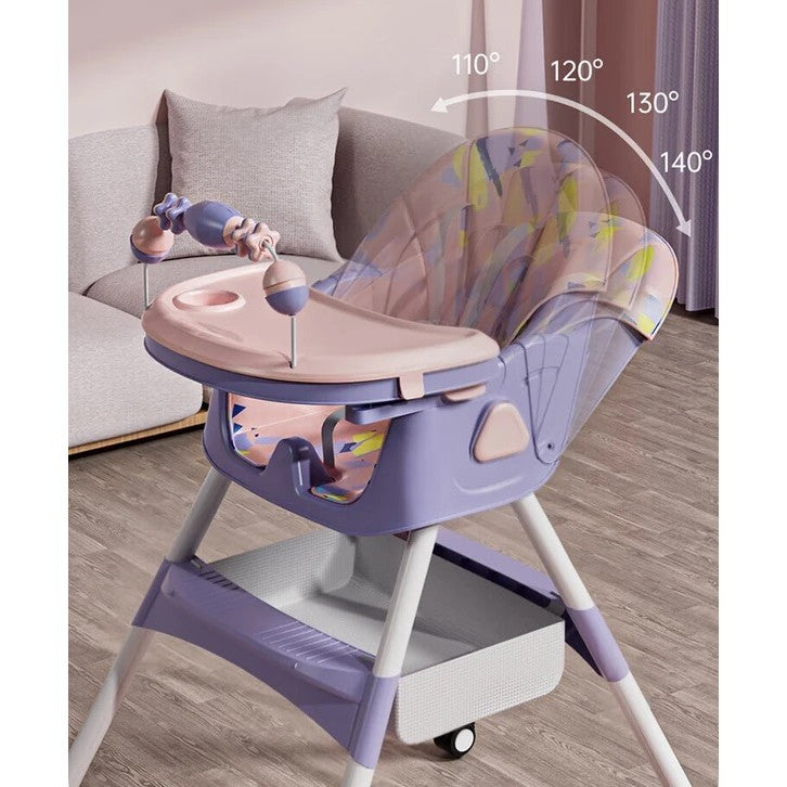 Scaun de Masa Multifunctional 3 in 1 pentru Copii, Functie Balansoar si Roti, Spatar Reglabil, Pliabil, Centura 5 Puncte, Tavita Dubla si Cos Depozitare, 6 Luni+, Mov