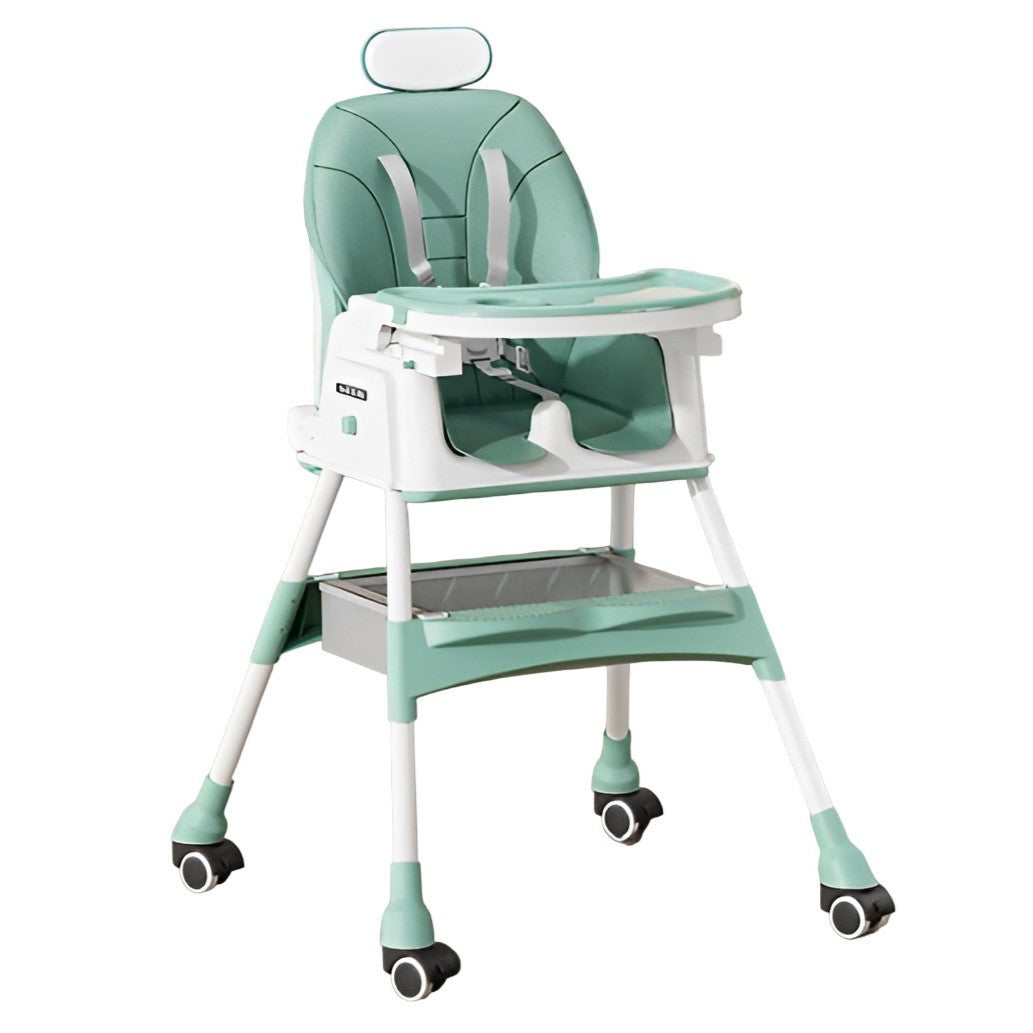 Scaun de Masa pentru Bebelusi si Copii, Inaltime Reglabila Telescopic, Pliabil cu Roti si Masuta Detasabila, Tapiterie Piele Ecologica, Cos Depozitare, Centura 5 Puncte, 97 x 73 x 65 cm, Albastru