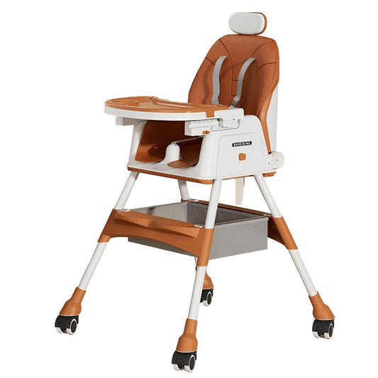 Scaun de Masa pentru Bebelusi si Copii, Telescopic si Pliabil, Roti cu Blocare, Masuta Reglabila, Tetiera, Centura 5 Puncte, Invelis Piele Artificiala, Cos Depozitare, 97 x 73 x 65 cm, Maro