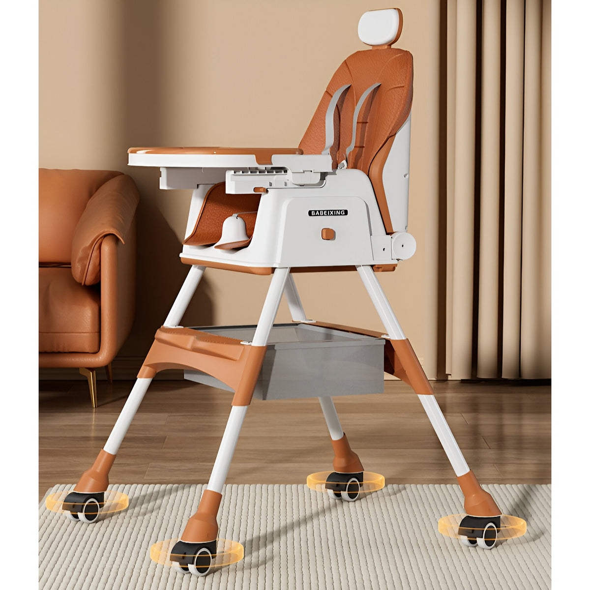 Scaun de Masa pentru Bebelusi si Copii, Telescopic si Pliabil, Roti cu Blocare, Masuta Reglabila, Tetiera, Centura 5 Puncte, Invelis Piele Artificiala, Cos Depozitare, 97 x 73 x 65 cm, Maro