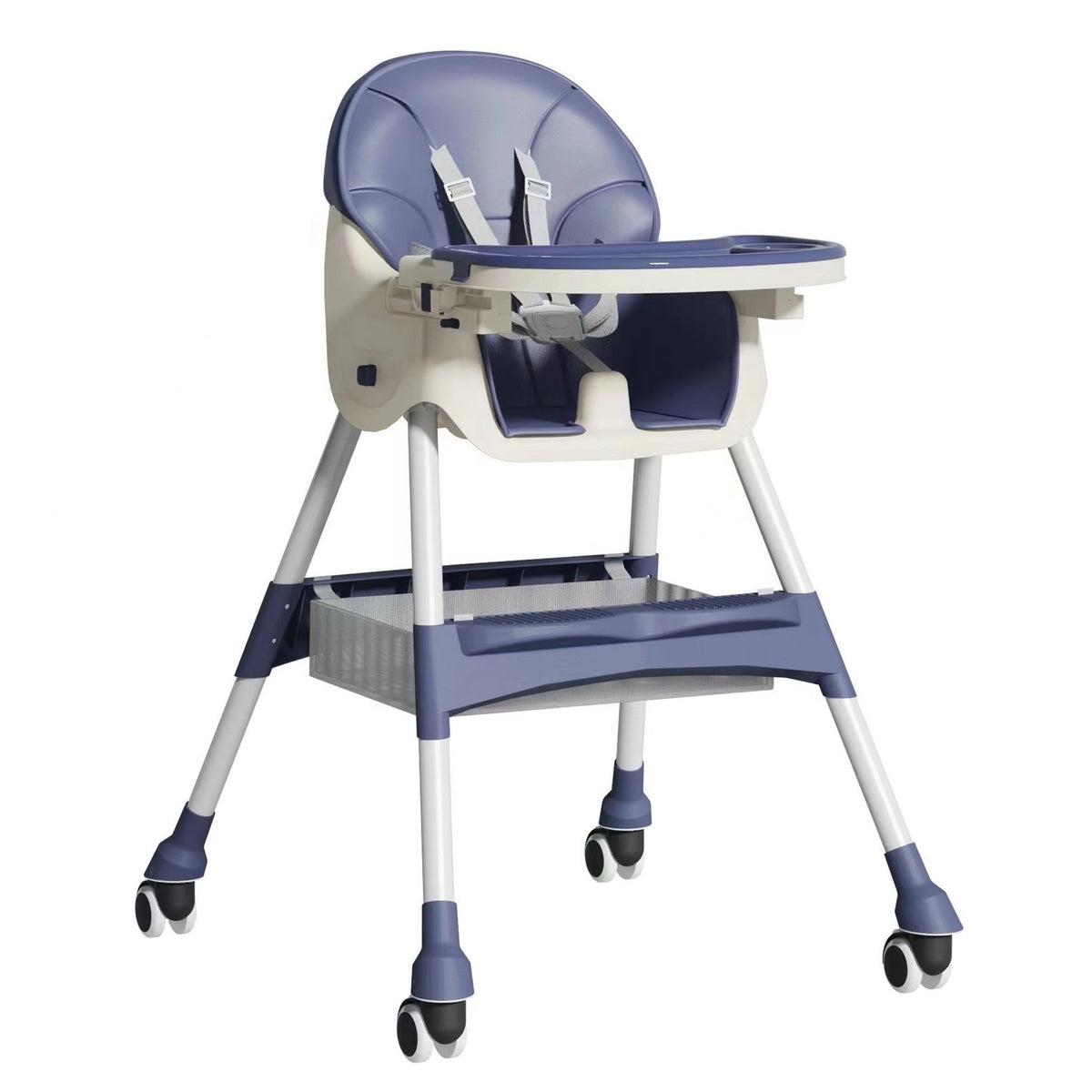 Scaun de Masa pentru Bebelusi si Copii, Inaltime Telescopica si Spatar Reglabil, Pliabil, cu Roti, Masuta Detasabila, Tapiterie Piele Ecologica, Centura 5 Puncte, 97x73x65 cm, Albastru