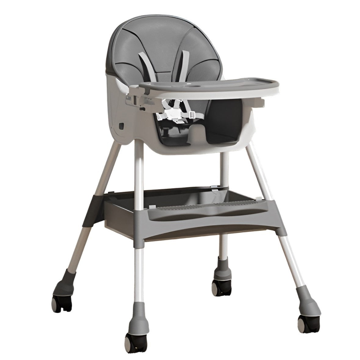 Scaun de Masa pentru Bebelusi si Copii, Telescopic si Pliabil, Roti cu Blocare, Masuta Reglabila, Tapiterie Piele Ecologica, Centura 5 Puncte, Cos Depozitare, 97x73x65 cm, Gri