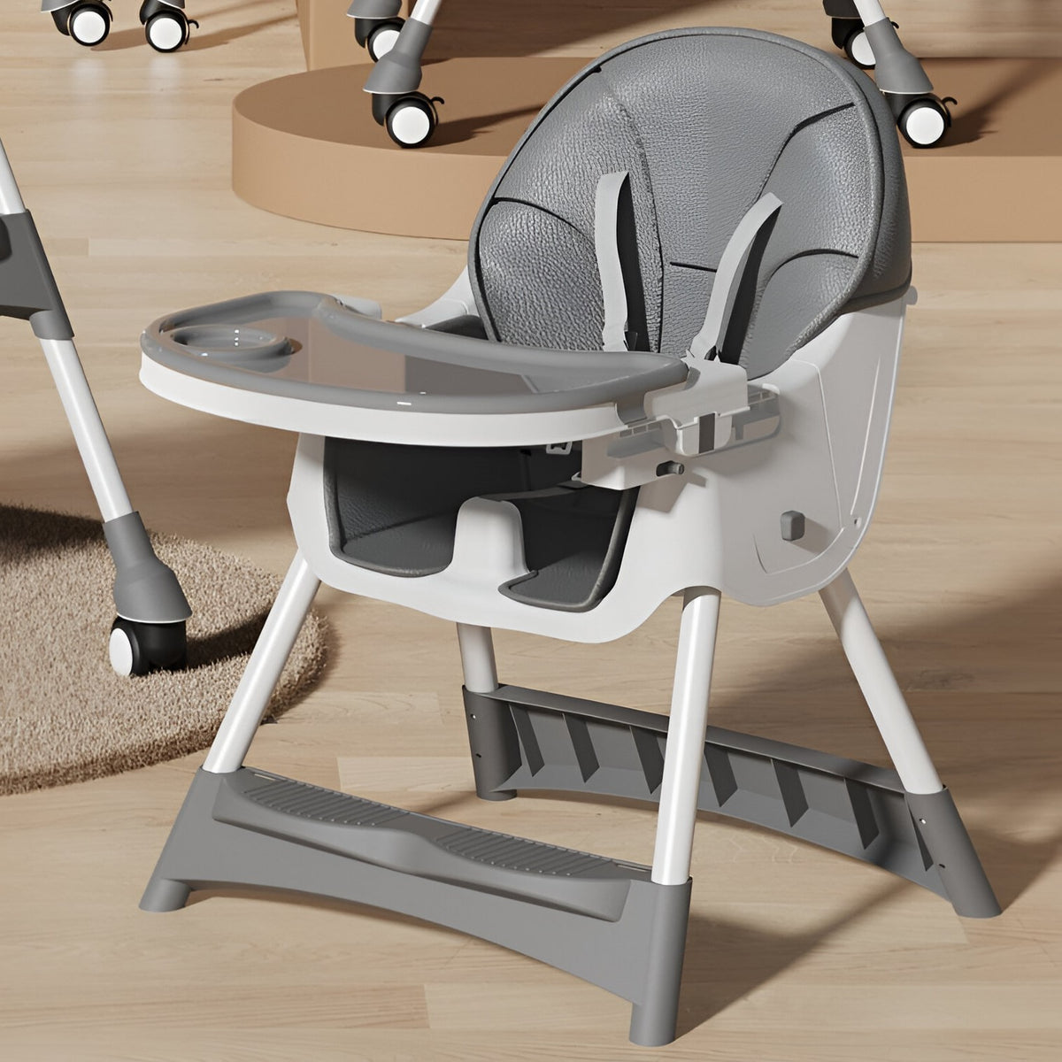 Scaun de Masa pentru Bebelusi si Copii, Telescopic si Pliabil, Roti cu Blocare, Masuta Reglabila, Tapiterie Piele Ecologica, Centura 5 Puncte, Cos Depozitare, 97x73x65 cm, Gri