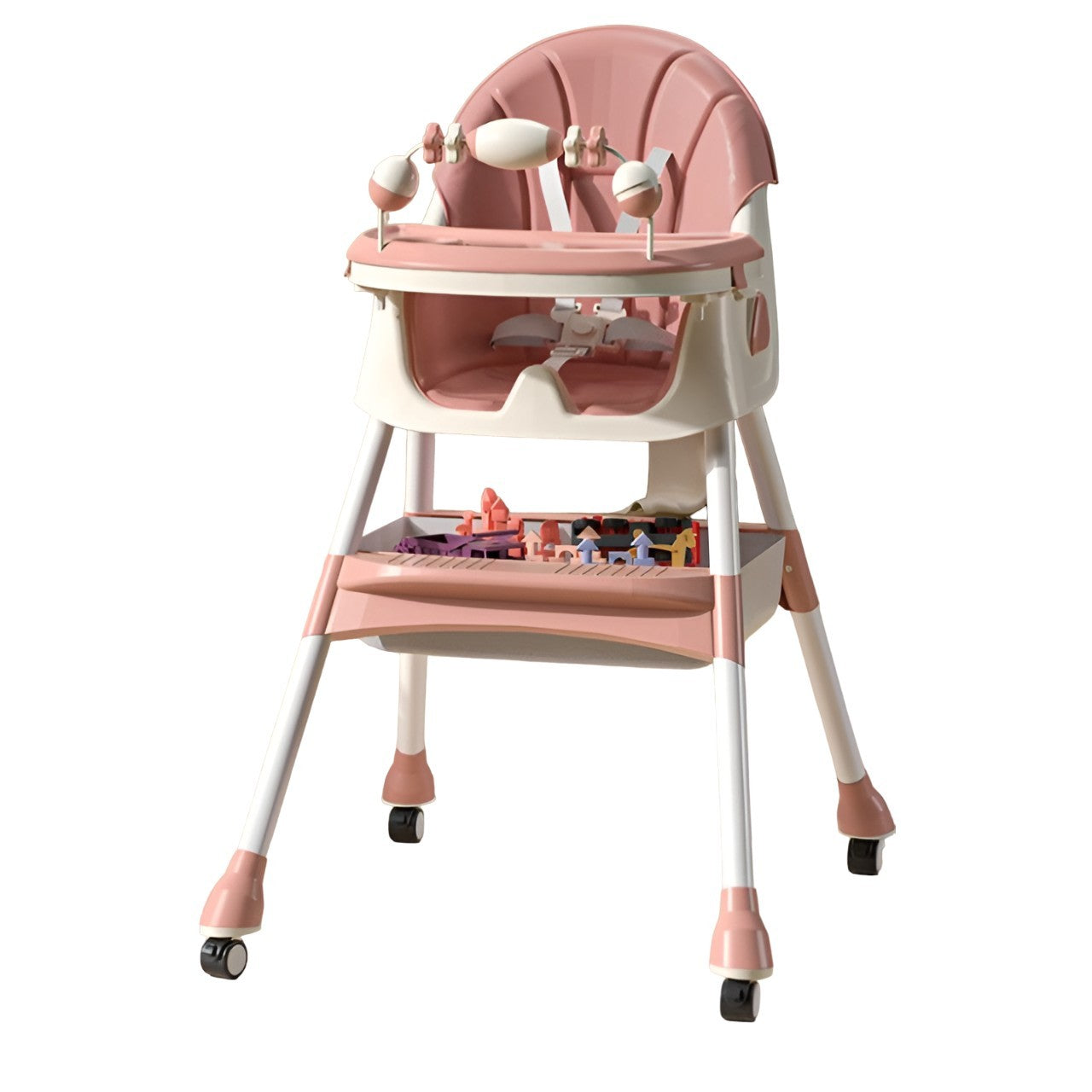 Scaun de Masa Multifunctional 3 in 1 pentru Copii, Functie Balansoar, Roti cu Blocare si Spatar Reglabil, Pliabil, Cos Depozitare, Husa Detasabila, de la 6 Luni, Roz