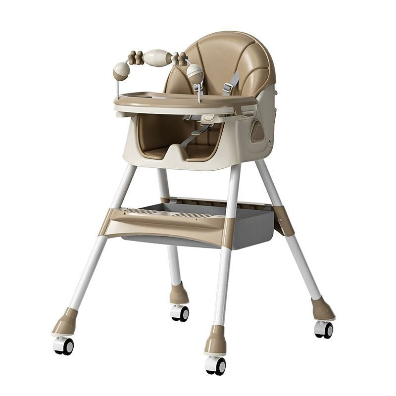 Scaun de Masa Multifunctional 3 in 1 pentru Copii, Functie Balansoar si Roti cu Blocare, Spatar Reglabil si 2 Tavite Detasabile, Centura in 5 Puncte, Otel si Plastic, 6 Luni+, Crem