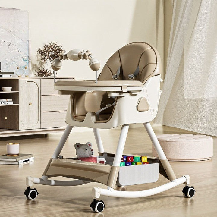 Scaun de Masa Multifunctional 3 in 1 pentru Copii, Functie Balansoar si Roti cu Blocare, Spatar Reglabil si 2 Tavite Detasabile, Centura in 5 Puncte, Otel si Plastic, 6 Luni+, Crem