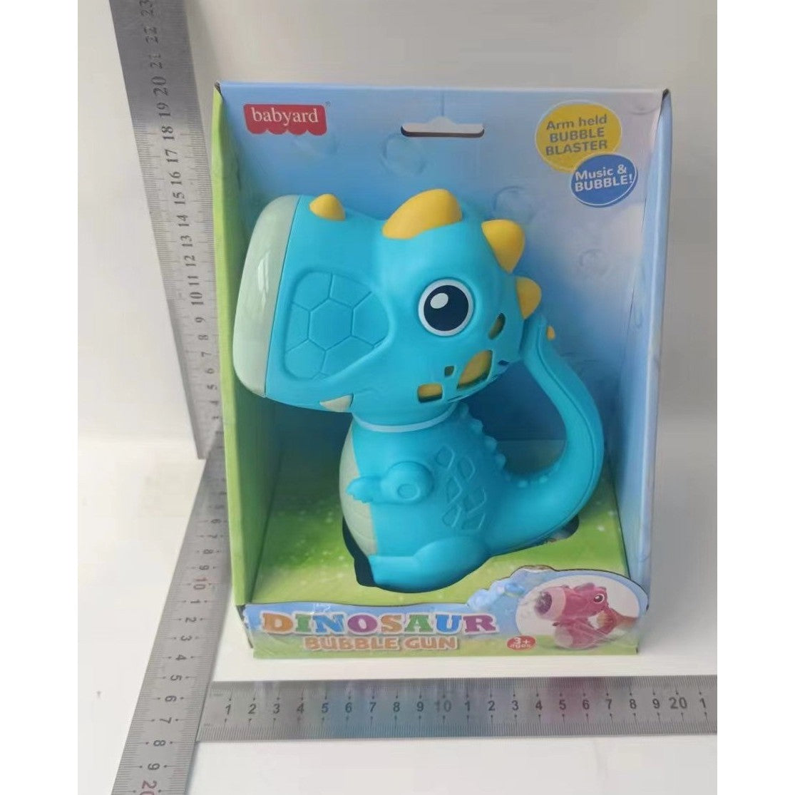 Pistol Baloane De Sapun Interactiv Cu Model Dinozaur, Jucarie Cu 8 Orificii, Sunete Si Lumini, Rotire 360 Grade, Din Plastic, 17.1 x 10.4 x 21.5 cm, Albastru