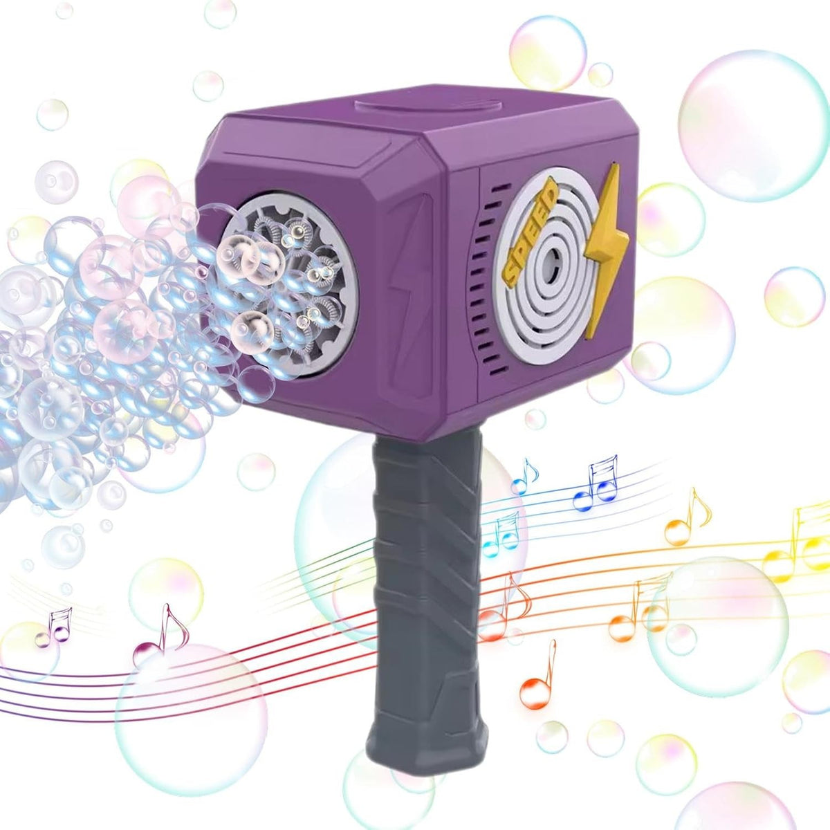 Pistol Baloane de Sapun Interactiva, Masina de Facut Bule Tip Ciocan cu 8 Orificii, 8000 Bule pe Minut, Sunete si Lumini, Rotire 360 Grade, Plastic, 13.5 x 10 x 12 cm, Mov