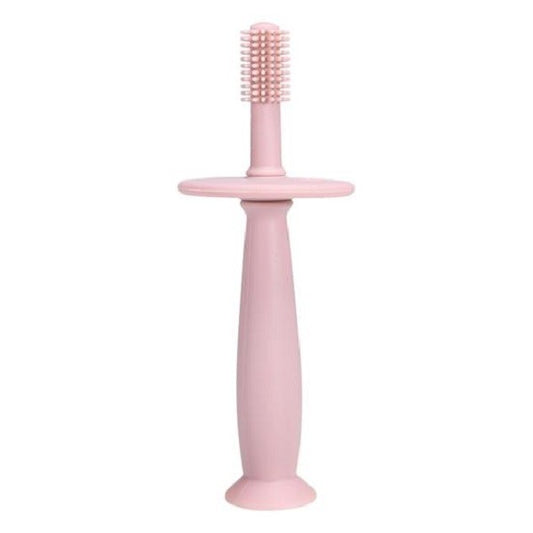 Periuță de Dinți pentru Bebeluși, Curățare 360 Grade, Barieră Anti-Înghițire și Ventuză, Silicon Alimentar fără BPA, 12.5 cm, Roz