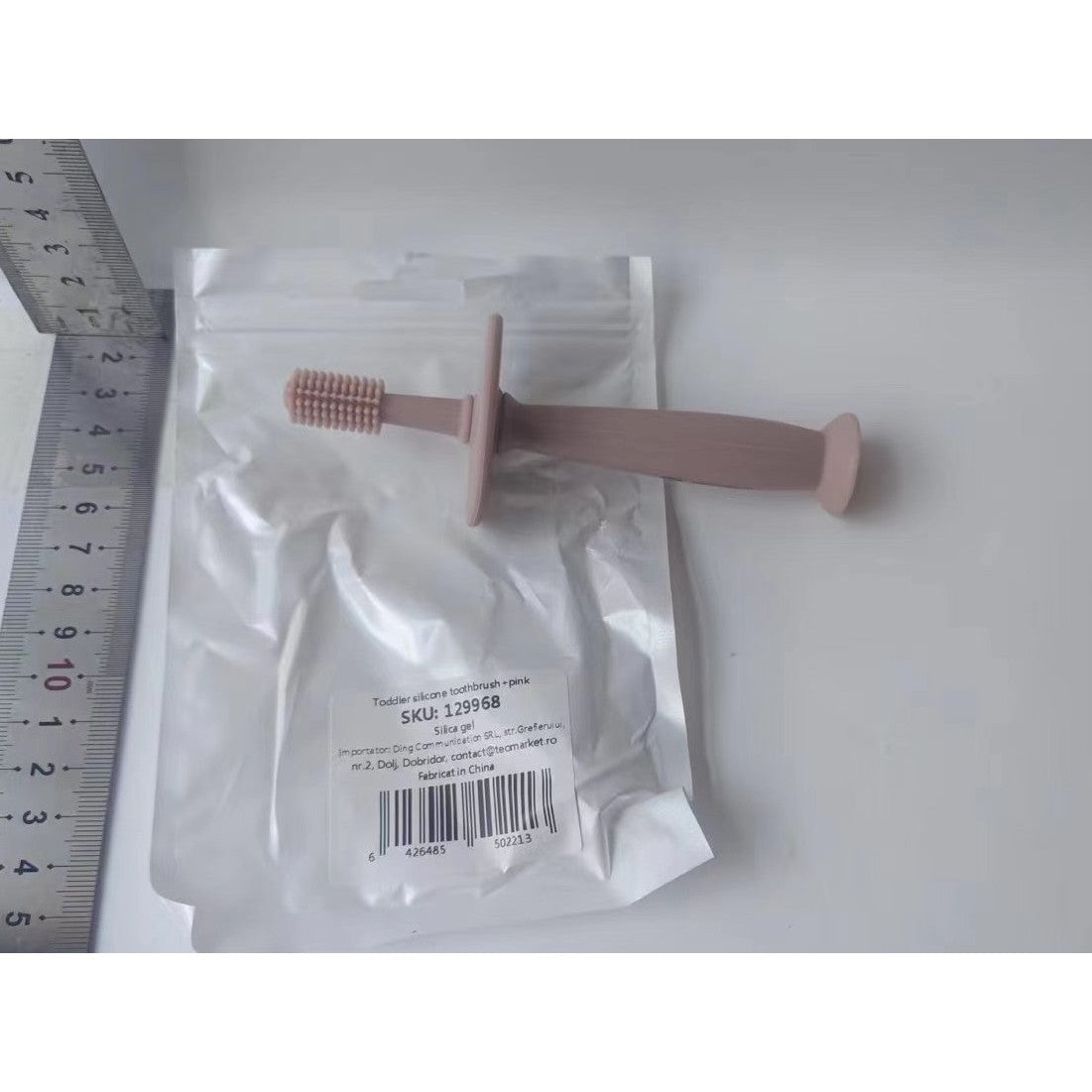 Periuță de Dinți pentru Bebeluși, Curățare 360 Grade, Barieră Anti-Înghițire și Ventuză, Silicon Alimentar fără BPA, 12.5 cm, Roz