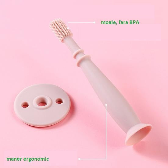 Periuță de Dinți pentru Bebeluși, Curățare 360 Grade, Barieră Anti-Înghițire și Ventuză, Silicon Alimentar fără BPA, 12.5 cm, Roz