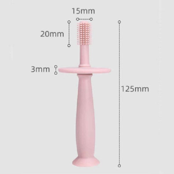 Periuță de Dinți pentru Bebeluși, Curățare 360 Grade, Barieră Anti-Înghițire și Ventuză, Silicon Alimentar fără BPA, 12.5 cm, Roz