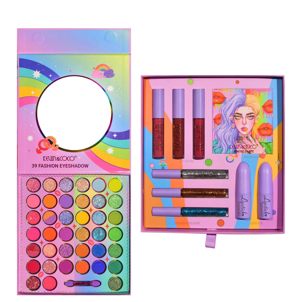 Kevin & Coco Set Machiaj Profesional Complet, Paletă 39 Culori Farduri de Ochi Pigmentate, Include Ruj, Gloss, Tuș și Fard de Obraz, Design Curcubeu, 1 Bucată
