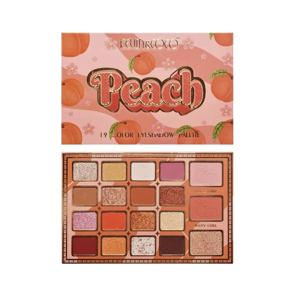 Kevin & Coco Paleta Fard de Pleoape Peach, Set Machiaj cu 19 Culori Mate Sidefate si Glitter, Textura Catifelata, Formula Cruelty-Free, 19 x 13 x 1.5 cm