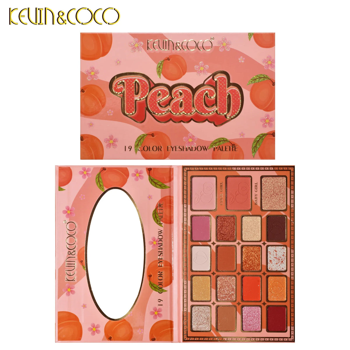 Kevin & Coco Paleta Fard de Pleoape Peach, Set Machiaj cu 19 Culori Mate Sidefate si Glitter, Textura Catifelata, Formula Cruelty-Free, 19 x 13 x 1.5 cm