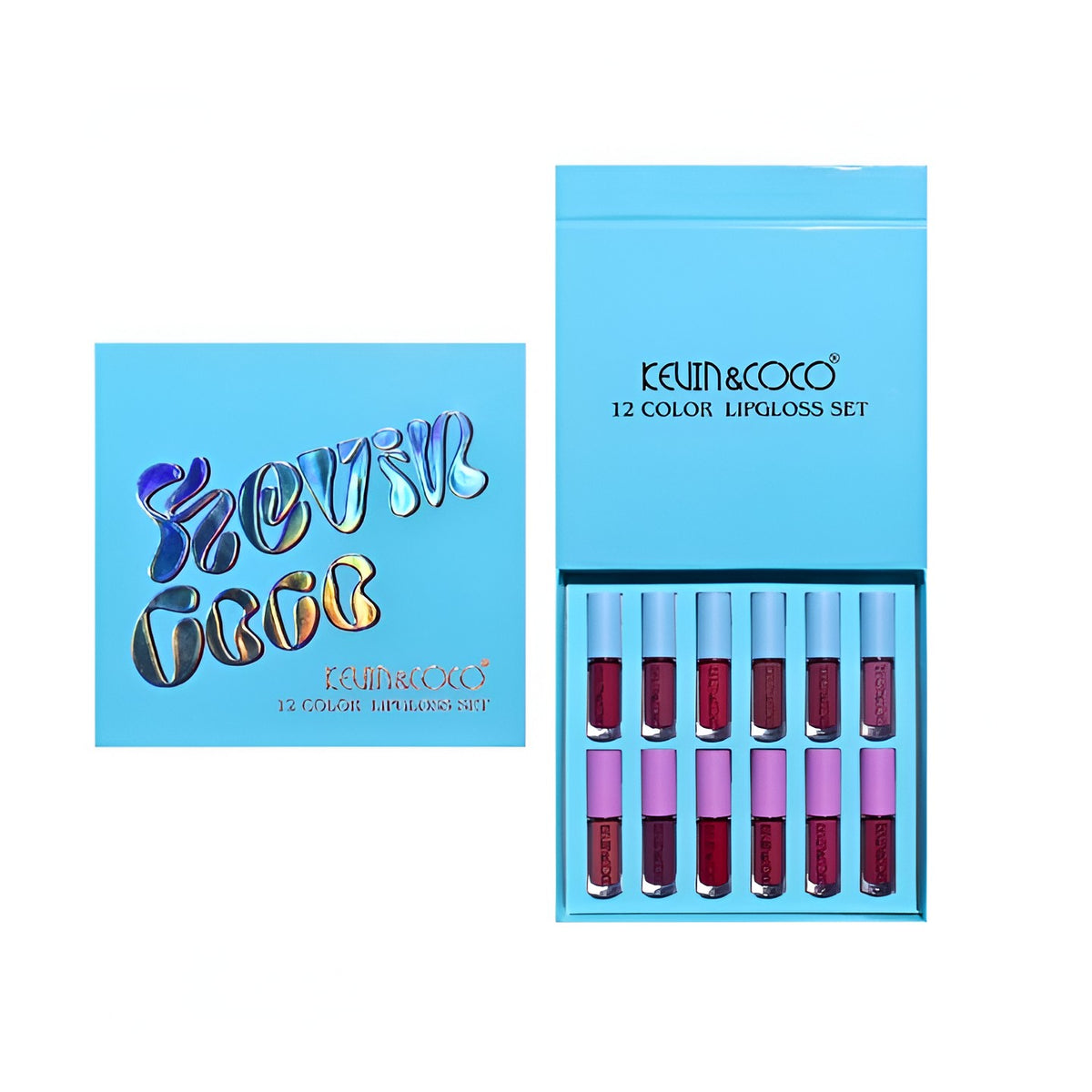Kevin & Coco Set Rujuri Lichide si Gloss de Buze, 12 Culori Intens Pigmentate, Rezistente la Transfer, Aspect Catifelat si Lucios, Formula Cruelty-Free, Ambalaj Albastru, Set 12 Bucati