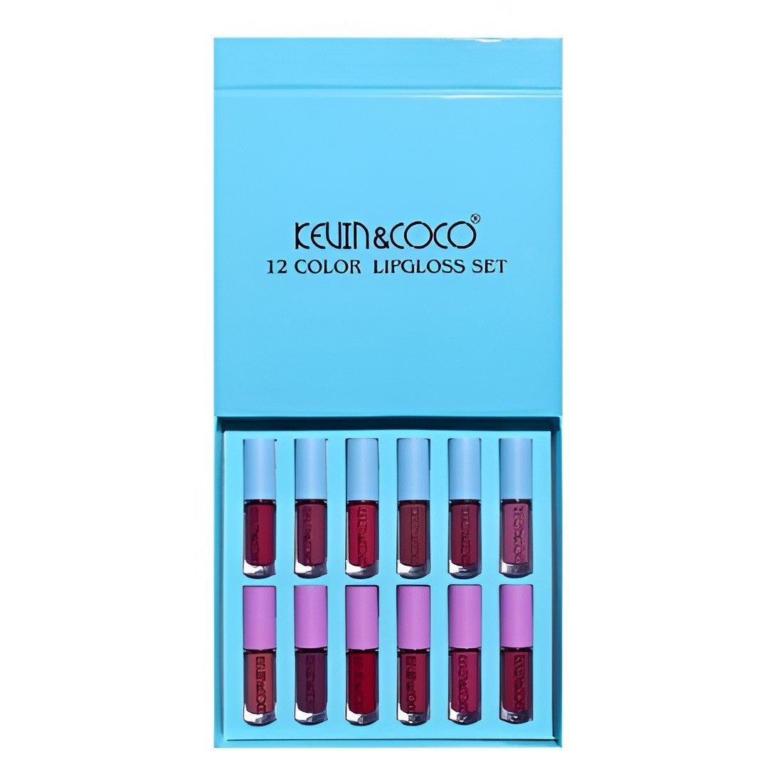 Kevin & Coco Set Rujuri Lichide si Gloss de Buze, 12 Culori Intens Pigmentate, Rezistente la Transfer, Aspect Catifelat si Lucios, Formula Cruelty-Free, Ambalaj Albastru, Set 12 Bucati