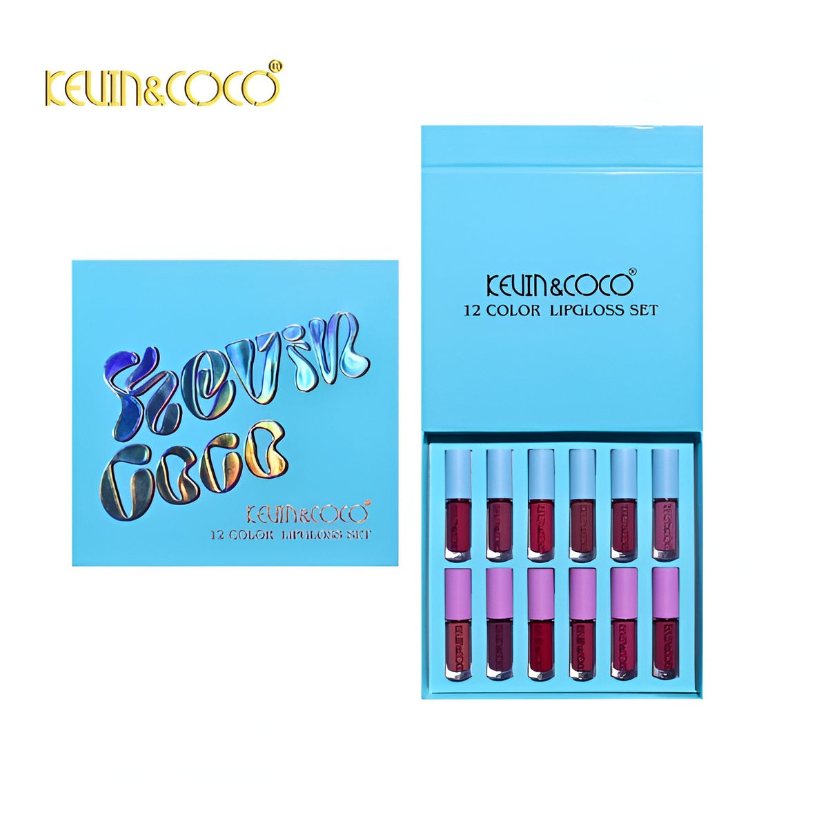 Kevin & Coco Set Rujuri Lichide si Gloss de Buze, 12 Culori Intens Pigmentate, Rezistente la Transfer, Aspect Catifelat si Lucios, Formula Cruelty-Free, Ambalaj Albastru, Set 12 Bucati