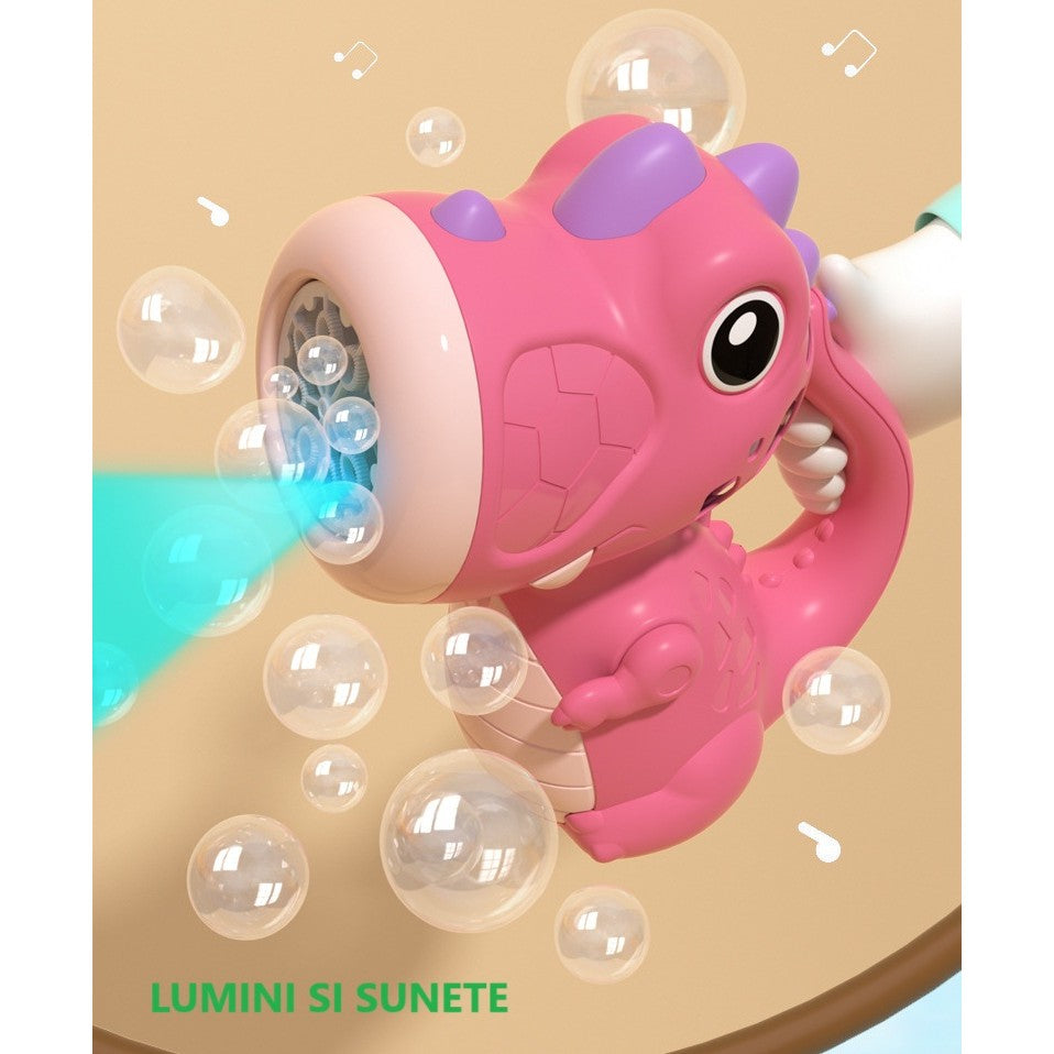 Pistol Automat Baloane de Sapun, Jucarie Interactiva Dinozaur cu 8 Orificii, Sunete si Lumini, Rotire 360 Grade, Plastic, 15 x 8.5 x 18.5 cm, Roz