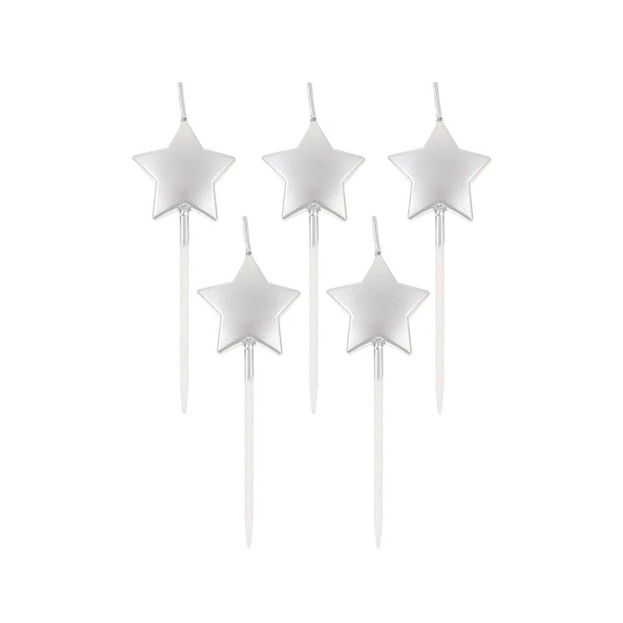 Lumanare de Tort in Forma de Steluta, Decoratiune Party cu Finisaj Lucios si Suport, Parafina, 8.5 x 3.2 cm, Argintiu