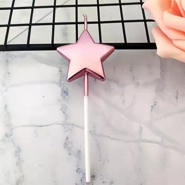 Lumanare de Tort in Forma de Steluta, Decorativa cu Finisaj Lucios, Parafina cu Suport de Fixare, 8.5 cm, Roz Auriu