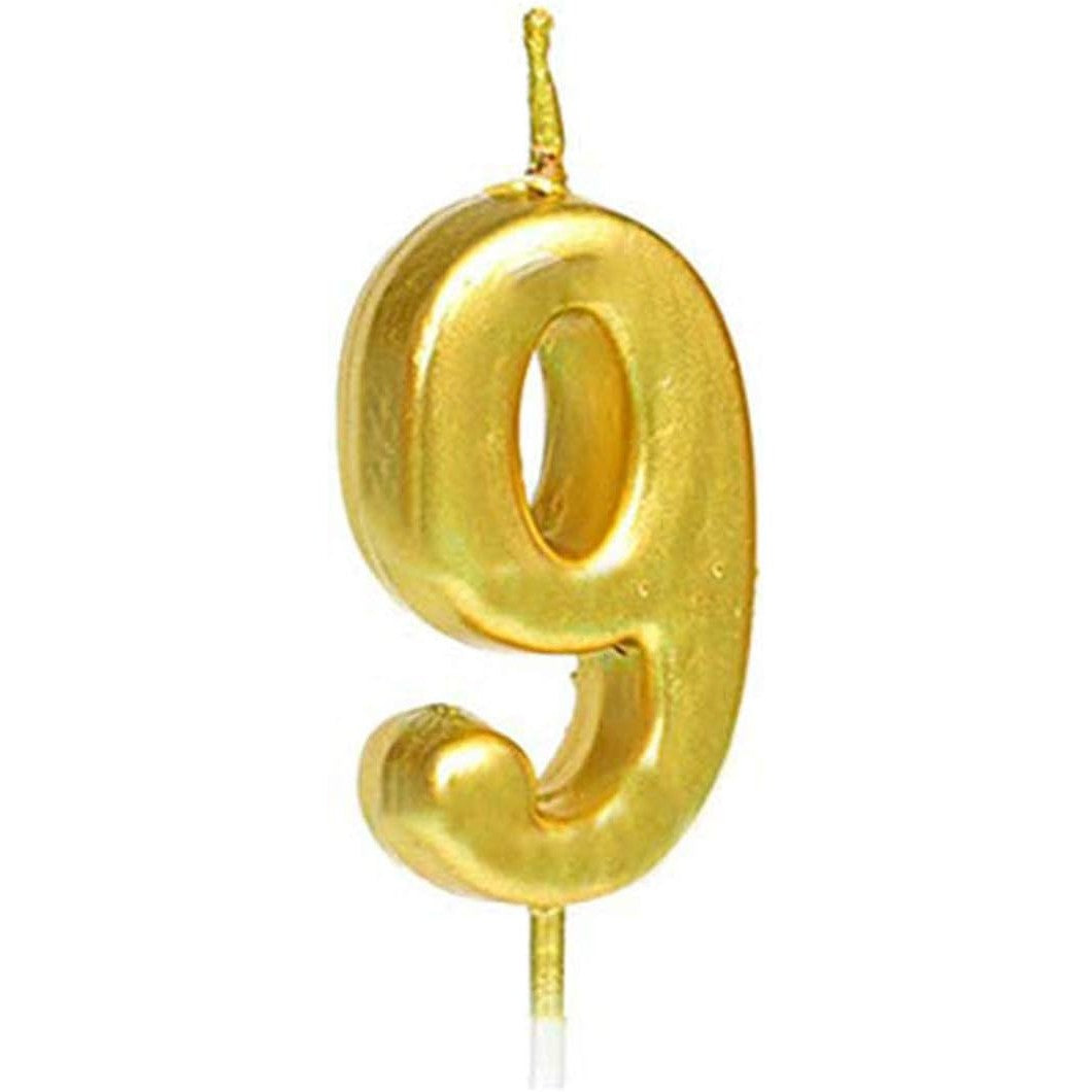 Lumânare de Tort, Model Cifră 9, Finisaj Auriu Lucios, Decor Petrecere, Parafină, 4.5 x 2.5 cm