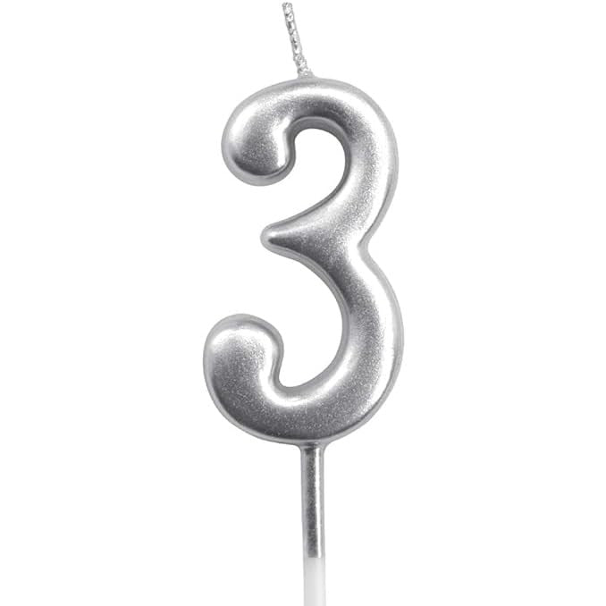 Lumânare de Tort, Cifră 3 Aniversară, Finisaj Lucios, Parafină, 4.5 x 2.5 cm, Argintiu