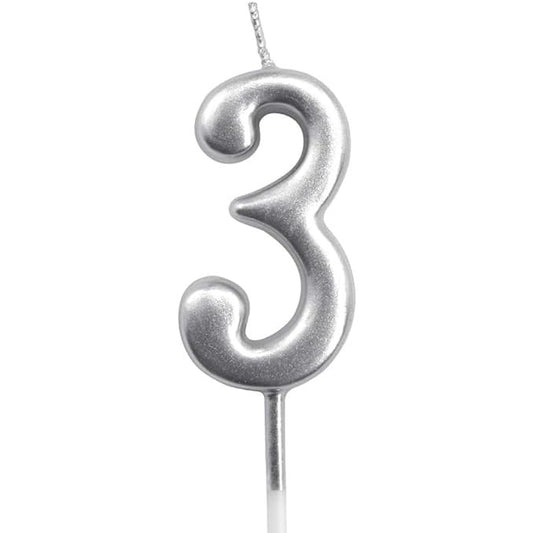 Lumânare de Tort, Cifră 3 Aniversară, Finisaj Lucios, Parafină, 4.5 x 2.5 cm, Argintiu