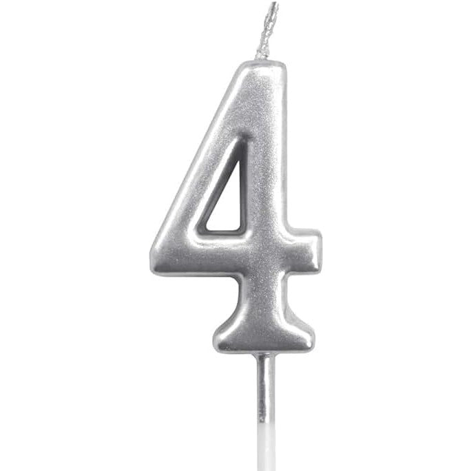 Lumanare de Tort Cifra 4, Design Elegant cu Finisaj Argintiu Lucios, Parafina, 4.5 x 2.5 cm, Argintiu