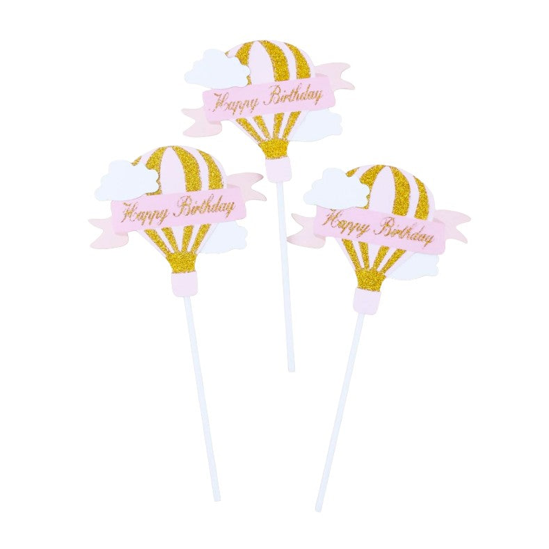 Set 3 Toppere pentru Tort, Model Balon cu Aer Cald Happy Birthday, Decoratiuni Tematice Aniversare, Carton Rezistent, Roz