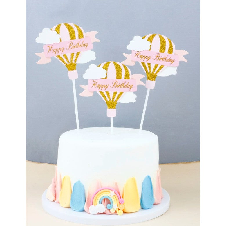 Set 3 Toppere pentru Tort, Model Balon cu Aer Cald Happy Birthday, Decoratiuni Tematice Aniversare, Carton Rezistent, Roz