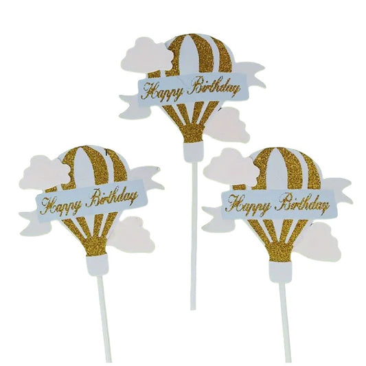 Set 3 Toppere pentru Tort, Model Balon cu Aer Cald Happy Birthday, Decoratiuni Tematice Aniversare, Carton Rezistent, Albastru